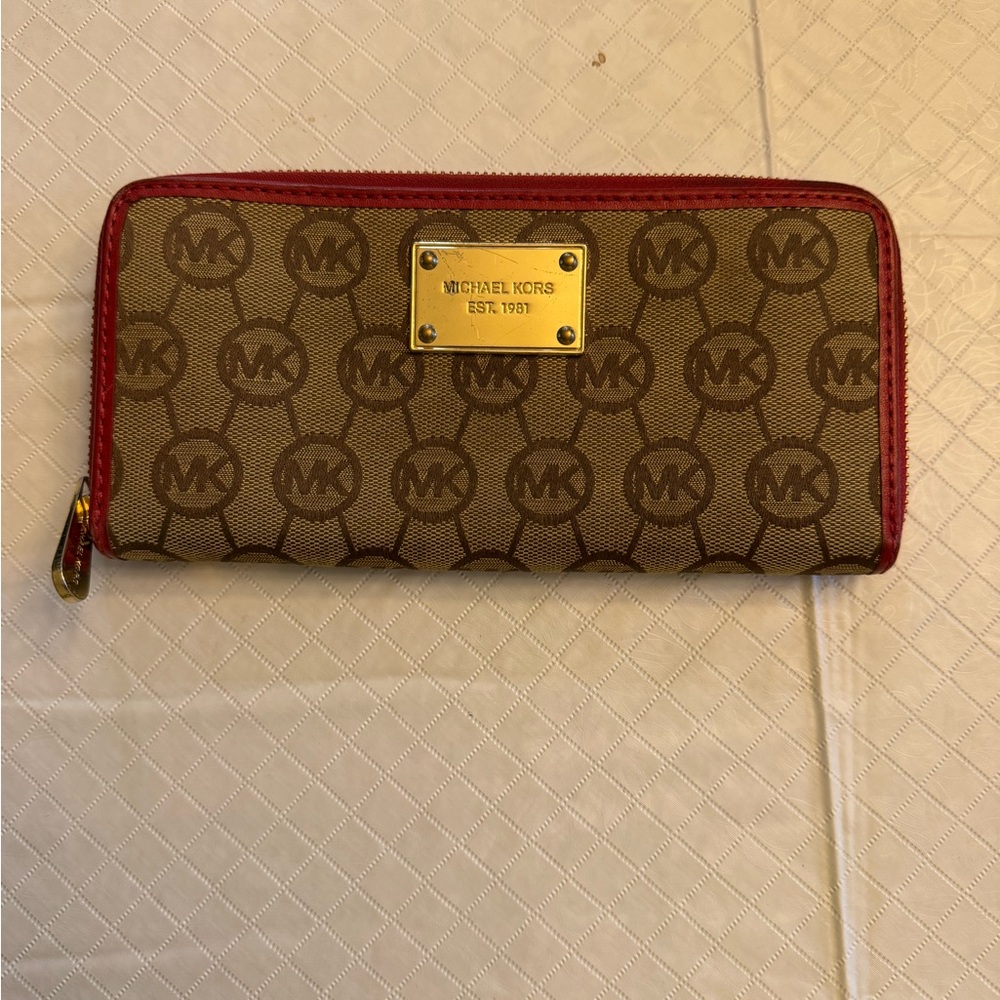 Michael Kors Tan and Red Logo Wallet